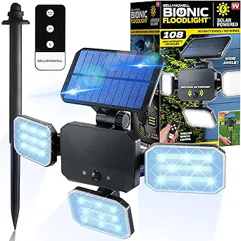 Bionic Floodlight Deluxe Luz Solar para Exteriores Impermeable Luz de Patio Sensor de Movimiento Luces para Exteriores con Control Remoto Ajustables 3 Cabezales Luces de Pared - Inalámbrica, 50% Más